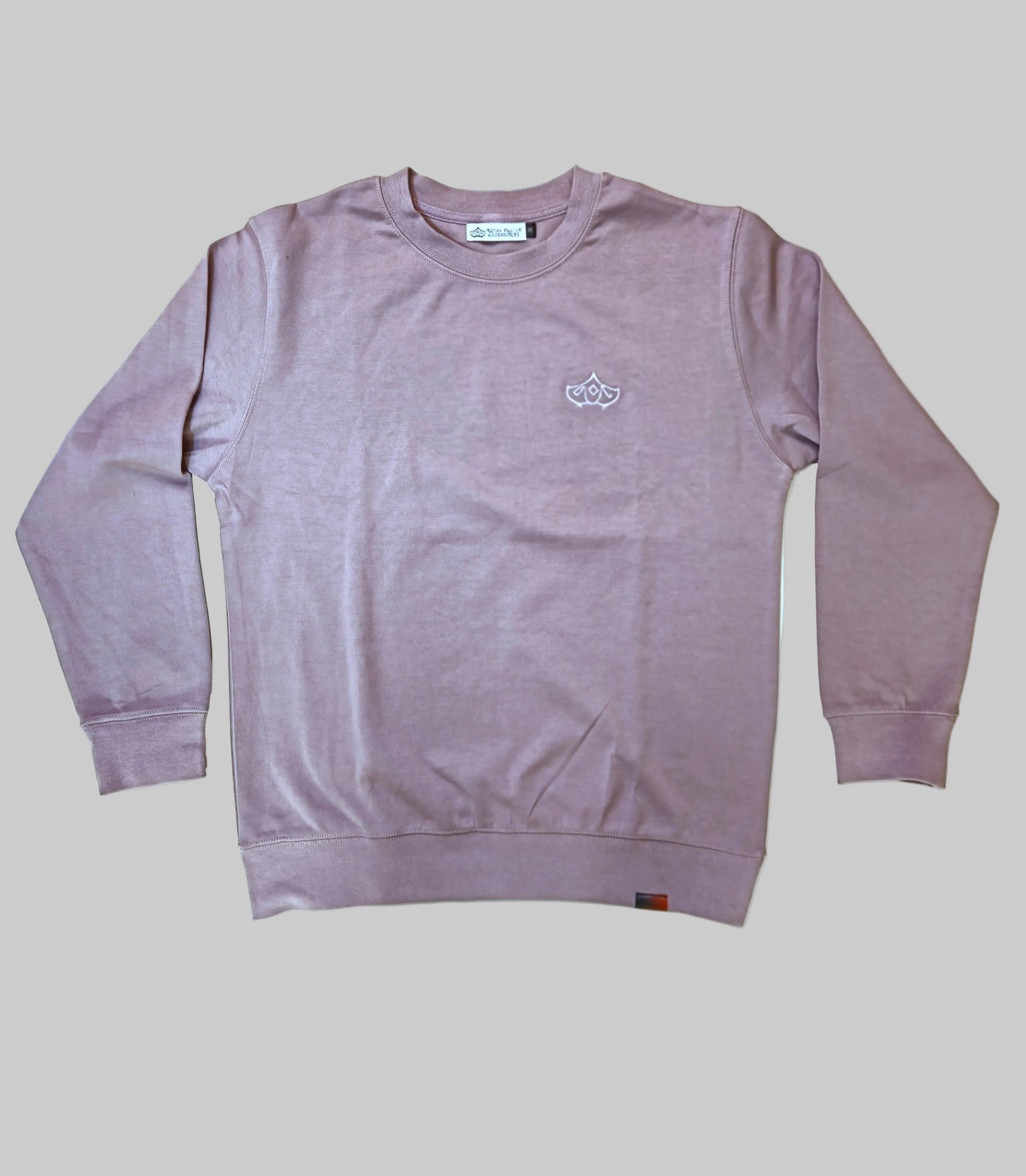 Purple sweatshirt with a logo on a light blue background